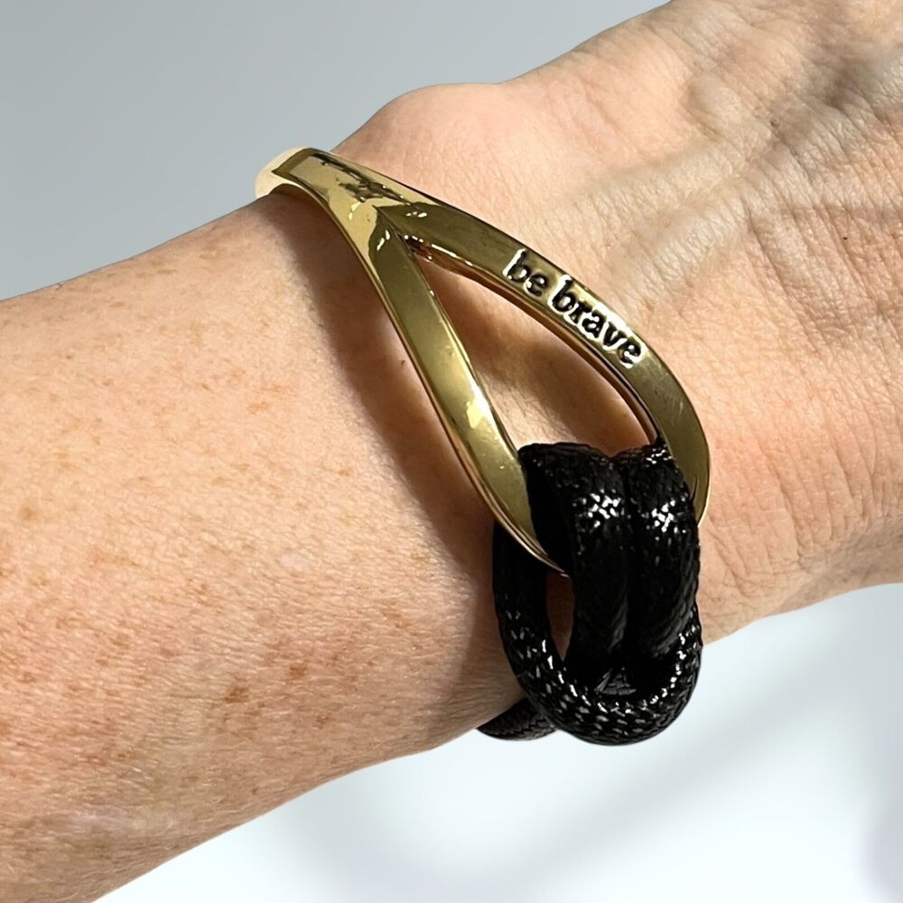 Be Brave Bracelet Gold Tone Black Cord Knot Minimalist Inspirational Casual